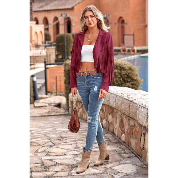 Women's Wine Red Fringe Faux Suede Leather Jacket Tassel Cropped Fal 2025 Coat - Picture 8 of 9